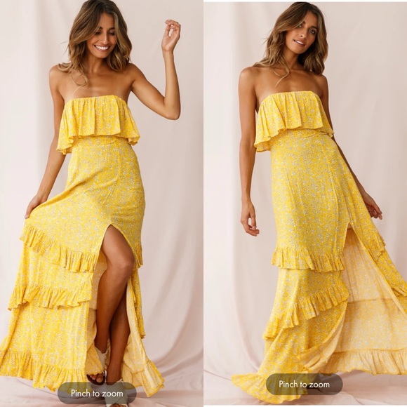 Hello Molly Dresses & Skirts - Hello Molly Yellow Strapless Tiered Front Slit Maxi Dress Mustard Leaf Small